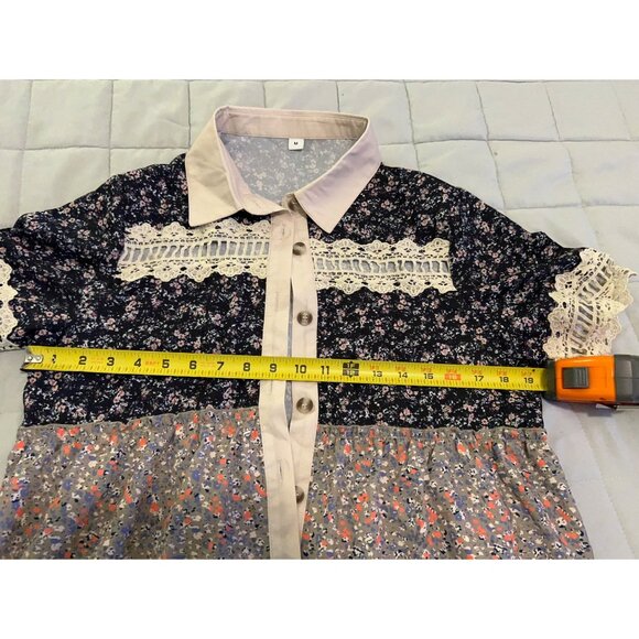 Boho Patchwork Floral Button Down Blouse Medium Crochet Lace Trim Tunic Top Cott - Picture 3 of 10